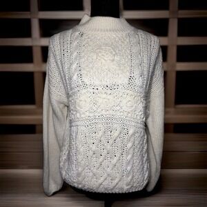 Vintage Needles & Yarn Women's M Ivory Cable Knit Floral Ramie Sweater Grandma